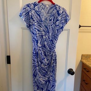Maggie London Blue and White Palm Wrap Dress